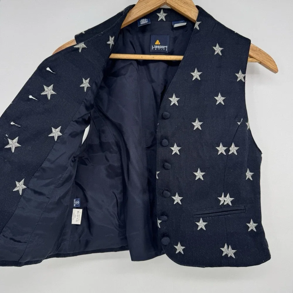 90s Liz Sport Blue Embroidered Vest‎ Women's Petite 2 Preppy Patriotic Button Up